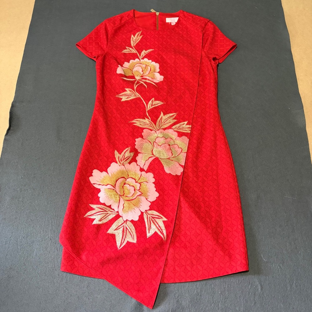Ted Baker Floral Shift Dress Womens 4 Red Embrodery Event UK Core Cocktail Print